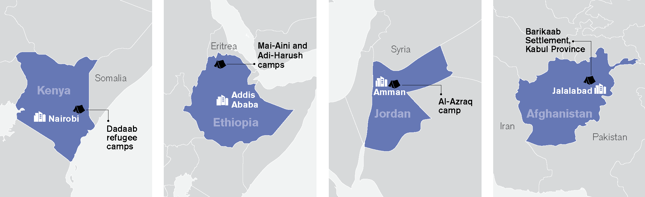 Maps showing the urban (in white) and camp (in black) locations where the fieldwork for this research project will be carried out.