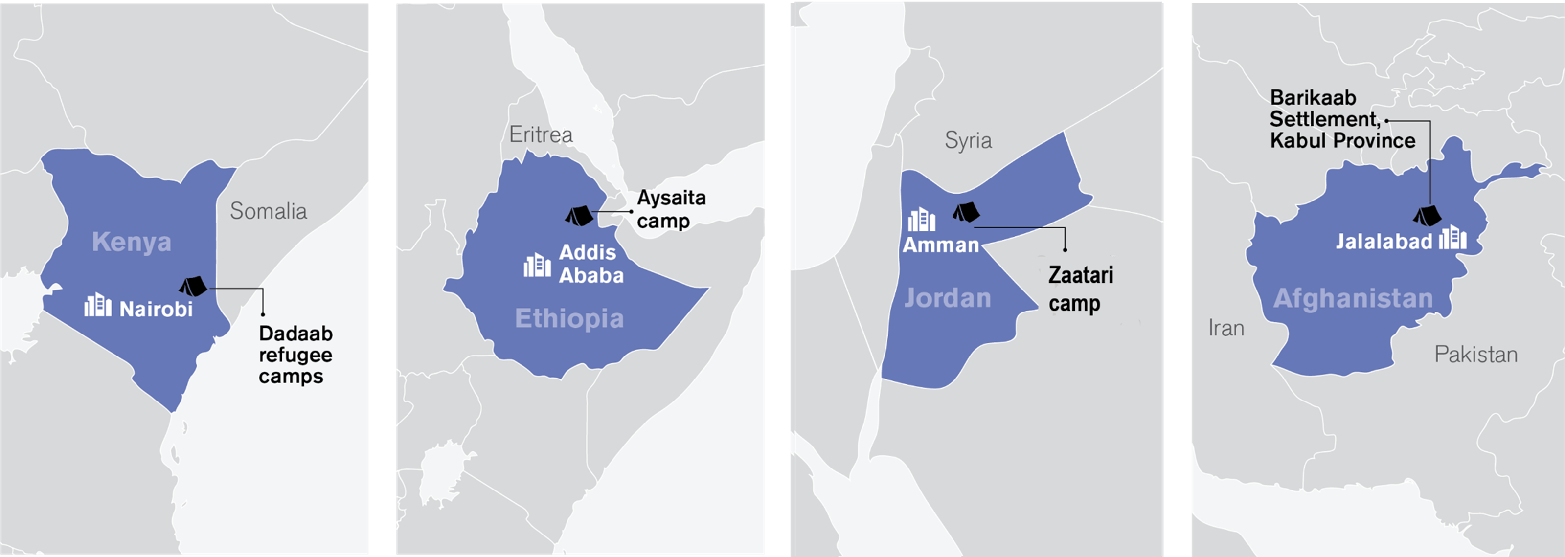 Maps showing the urban (in white) and camp (in black) locations where the fieldwork for this research project will be carried out.