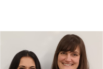 Head and shoulders photos of Dr Romola Sanyal and Lucy Earle smiling
